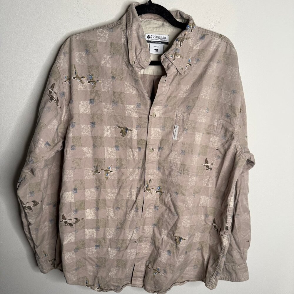 Columbia Mens Tan Embroidered Ducks Long Sleeve Button Up Shirt Large L Hunting